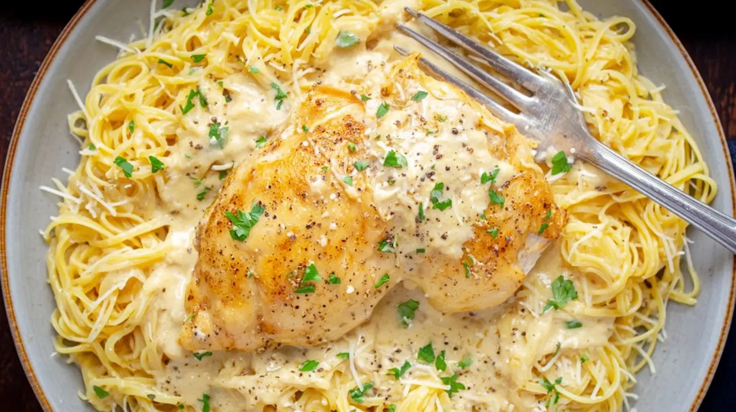 Overhead view of a delicious crock pot angel chicken dish, featuring seared chicken breast, creamy sauce, thin pasta, fresh parsley, and grated cheese on a rustic plate.