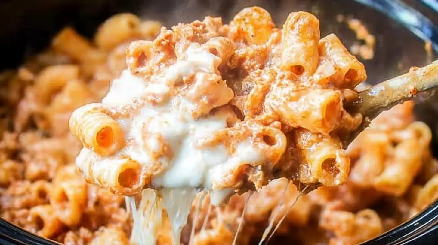 Close-up of a serving spoon lifting creamy, cheesy Crock Pot Million Dollar Pasta from a pot.