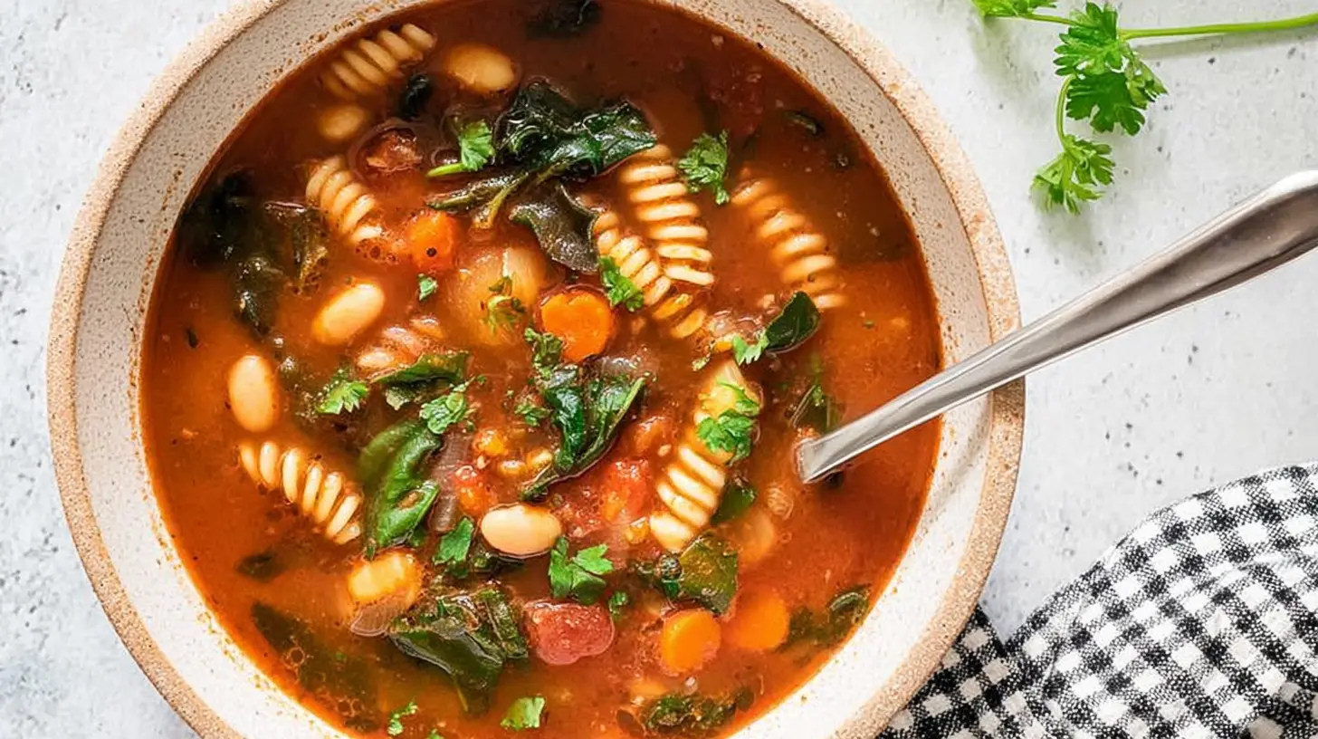 Vibrant overhead view of a hearty bowl of easy minestrone soup with pasta, beans, and fresh vegetables on a minimalist surface.