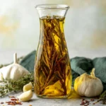 A clear glass bottle of homemade garlic infused olive oil with rosemary, surrounded by fresh garlic, thyme, and chili flakes on a rustic stone surface.