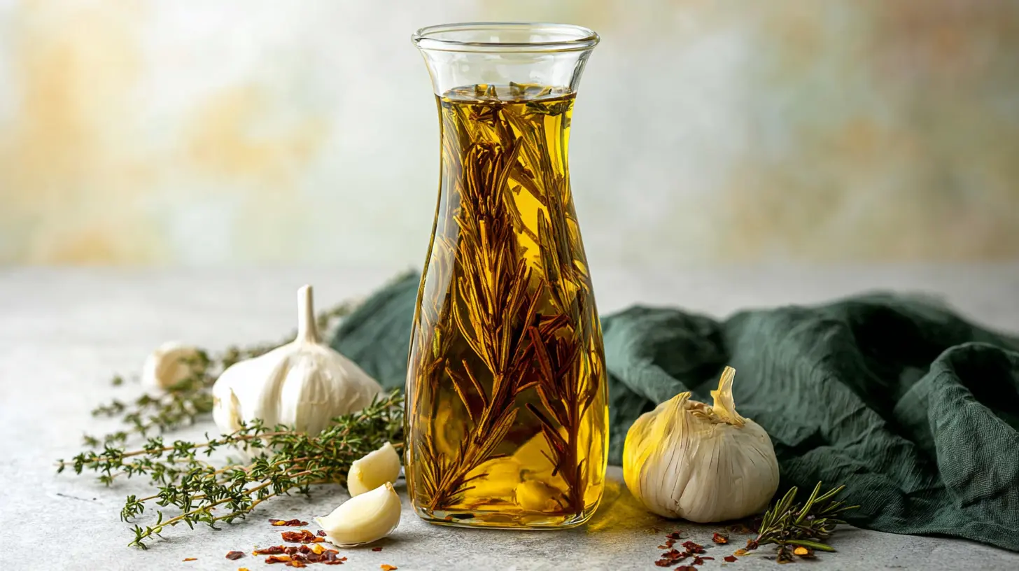 A clear glass bottle of homemade garlic infused olive oil with rosemary, surrounded by fresh garlic, thyme, and chili flakes on a rustic stone surface.