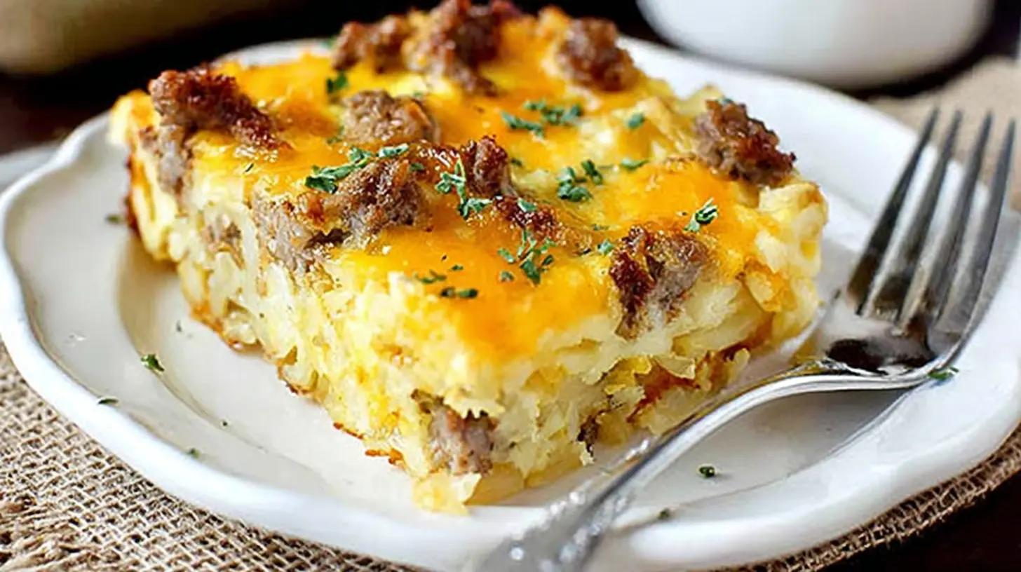 A hearty slice of a savory gluten free breakfast casserole with shredded potatoes, sausage, melted cheddar cheese, and fresh herbs on a white plate.