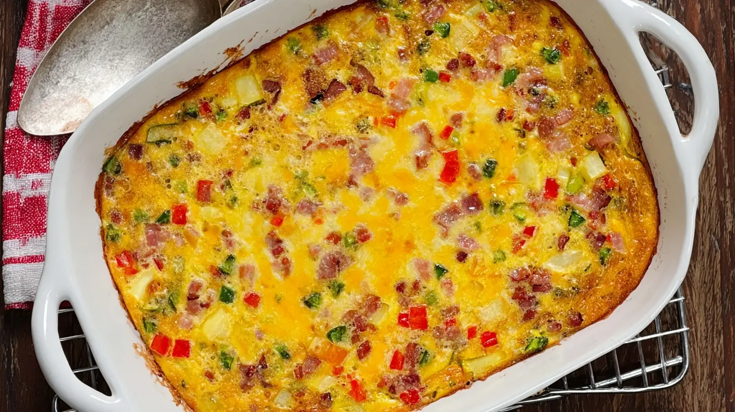 Vibrant healthy breakfast casserole with eggs, ham, bell peppers, and melted cheese, fresh from the oven.