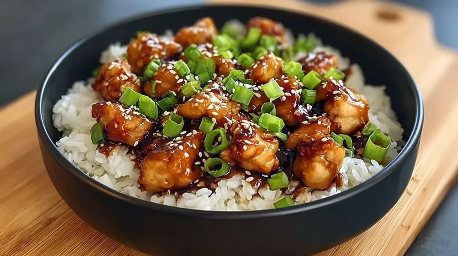 A beautifully presented Asian-inspired Honey BBQ Chicken Rice bowl, garnished with sesame seeds and green onions on a wooden surface.