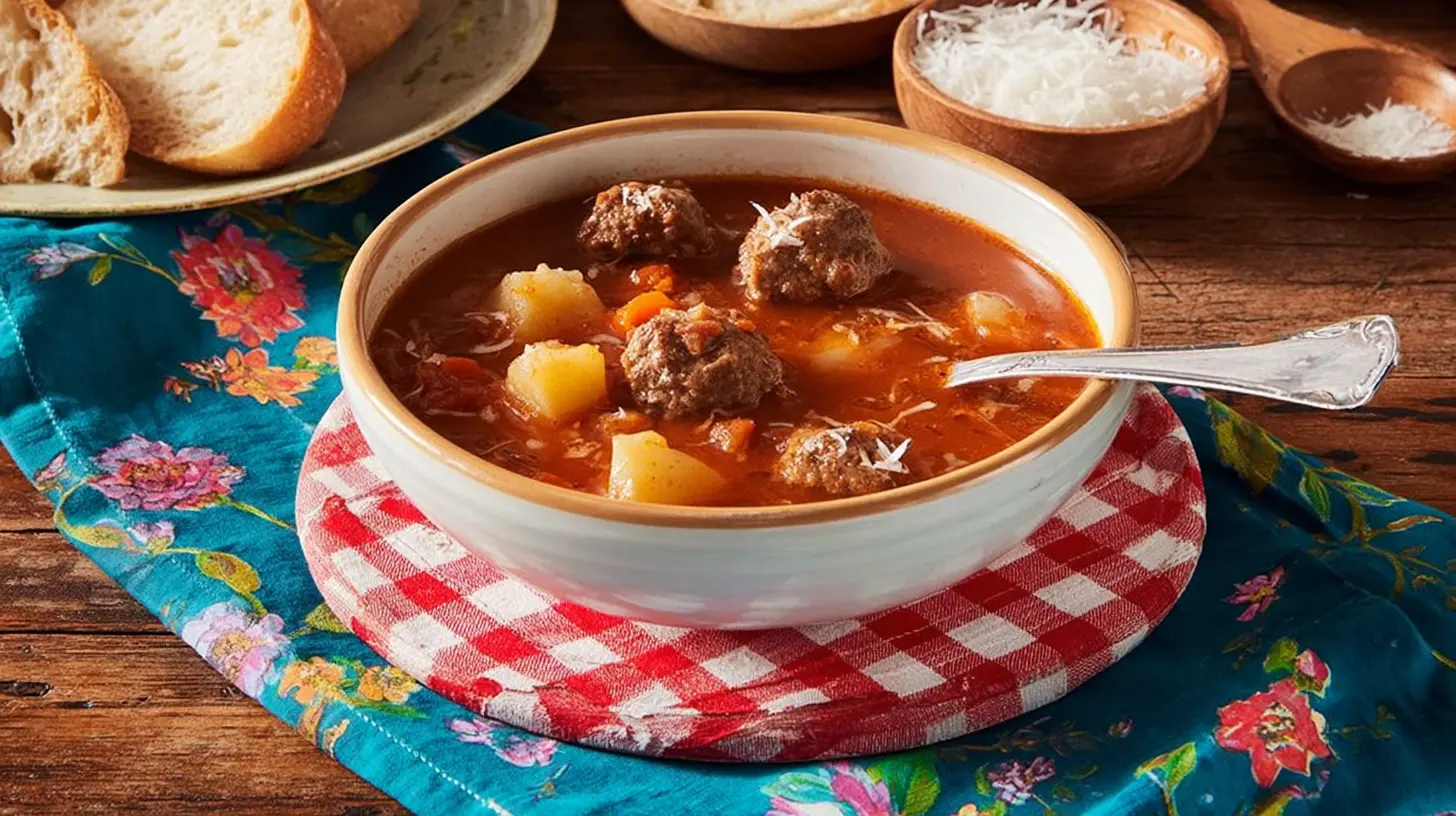 A warm, inviting bowl of Italian meatball soup with potatoes, carrots, and grated Parmesan on a rustic wooden table.