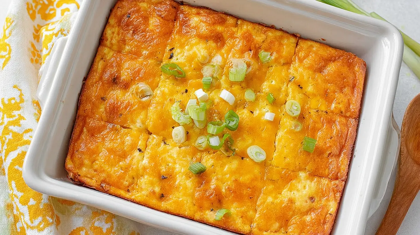Delicious golden keto breakfast casserole in a white baking dish, garnished with fresh green onions, ready to serve.
