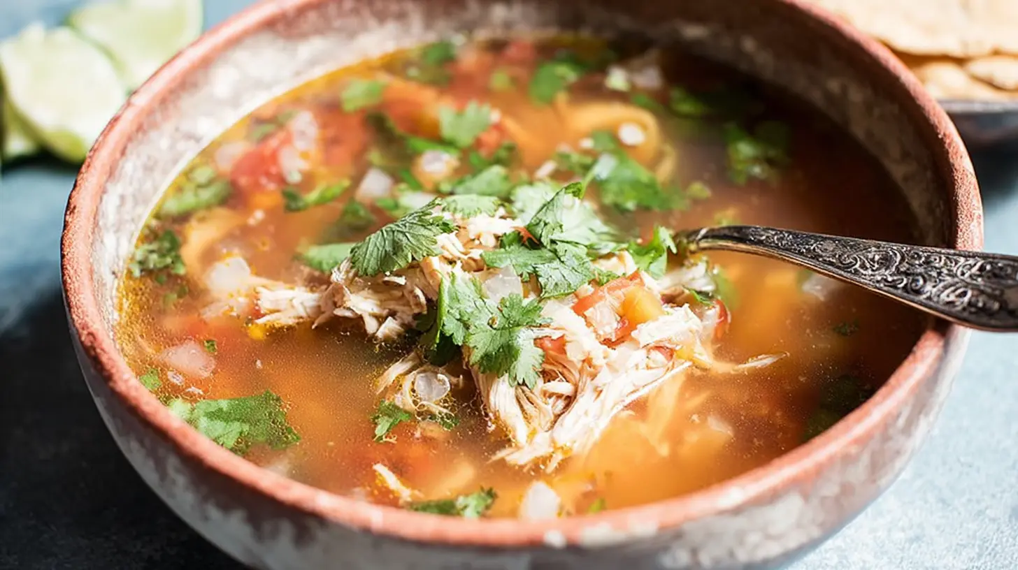 Vibrant bowl of Mexican chicken soup with shredded chicken, tomato, onion, and fresh cilantro, served with lime and tortilla chips.