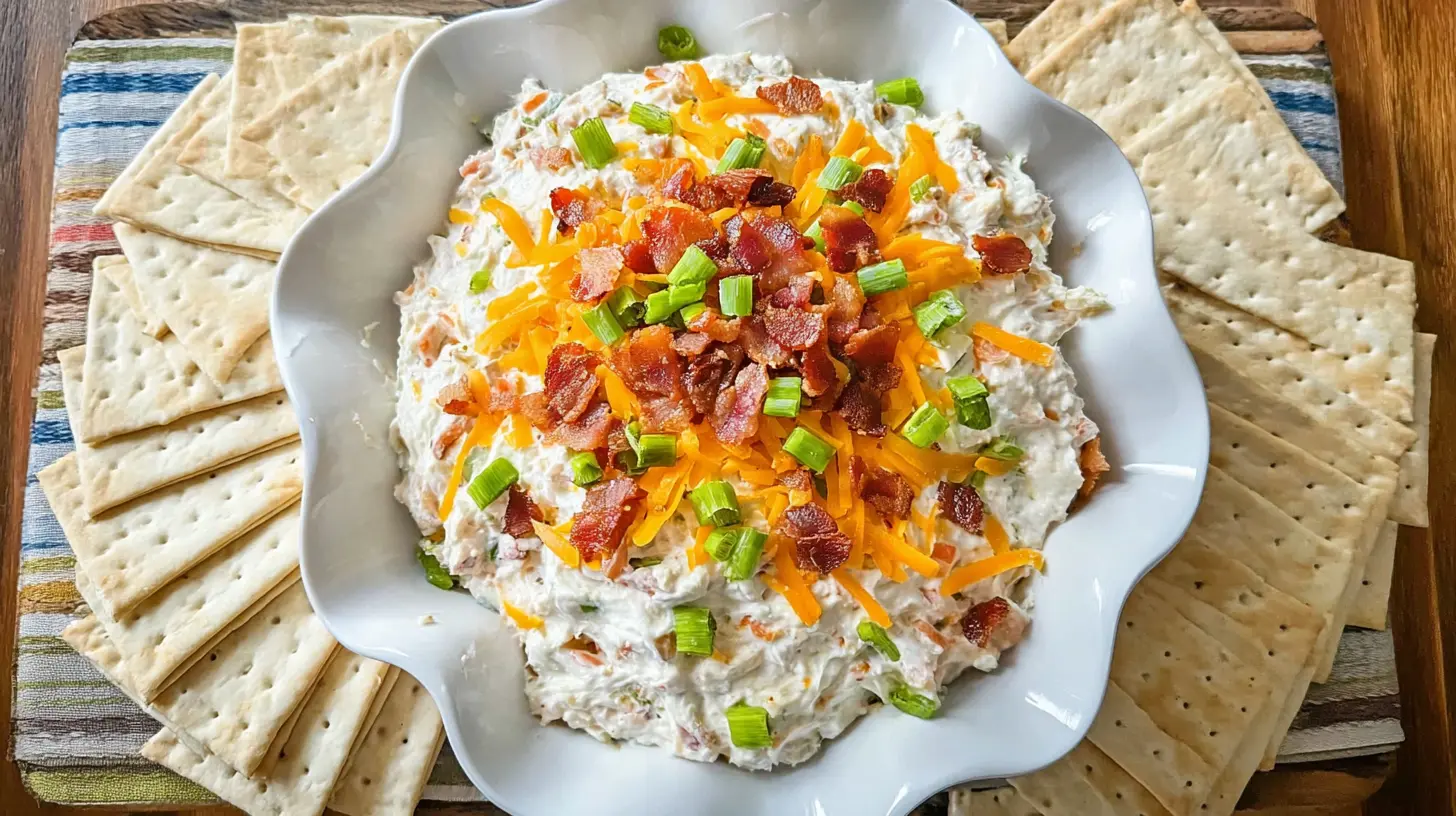 Overhead shot of creamy Million Dollar Crack Dip topped with cheese, bacon, and chives, surrounded by crackers on a wooden table.