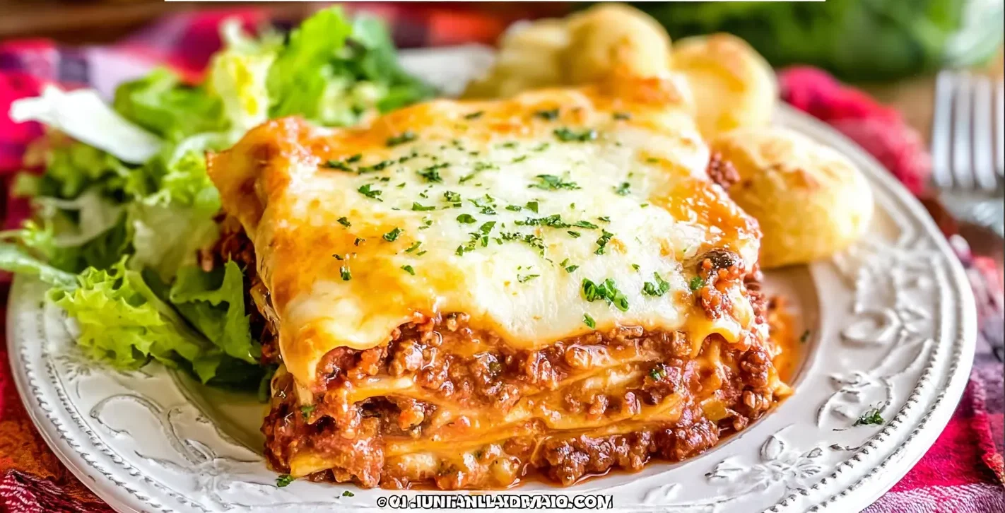 A mouth-watering slice of golden-brown million dollar lasagna, layered with rich meat sauce and creamy cheese, served on an elegant white plate with a side salad.