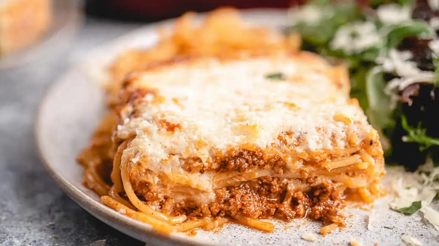 Close-up of a hearty, baked Million Dollar Spaghetti casserole with a golden-brown cheesy top on a rustic plate.