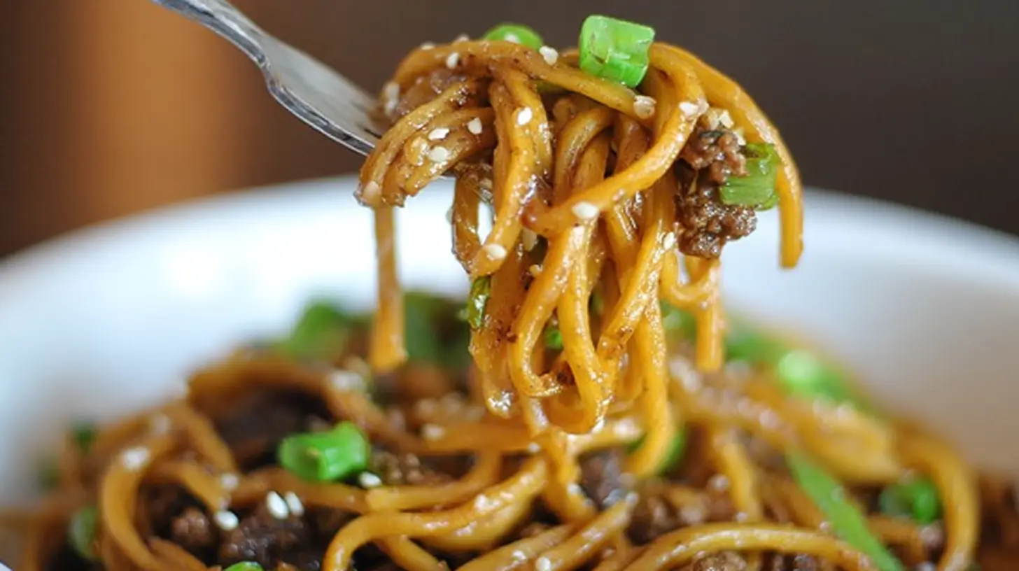 A fork lifts a generous tangle of mongolian ground beef noodles from a white bowl, showcasing the rich sauce, ground beef, green onions, and sesame seeds.