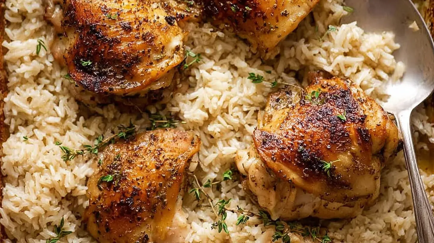 Close-up of golden-brown Oven Baked Chicken and Rice in a baking dish, garnished with fresh thyme.