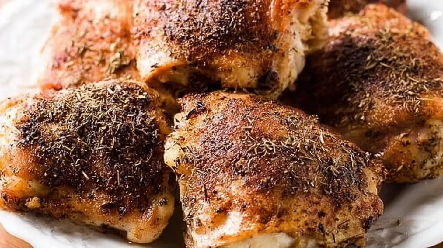 Close-up of perfectly seasoned and crispy oven baked chicken thighs on a white plate, ready to serve.