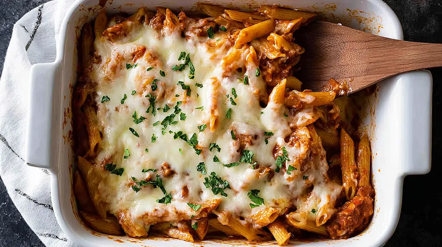 Freshly baked penne pasta bake with melted cheese and herbs in a white ceramic dish.