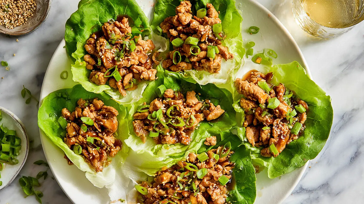 Vibrant overhead view of pf changs chicken lettuce wraps on a white platter, garnished with scallions and sesame seeds.
