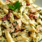 Creamy penne pasta with tender rotisserie chicken, sun-dried tomatoes, and fresh herbs, a delightful option for rotisserie chicken recipes pasta.