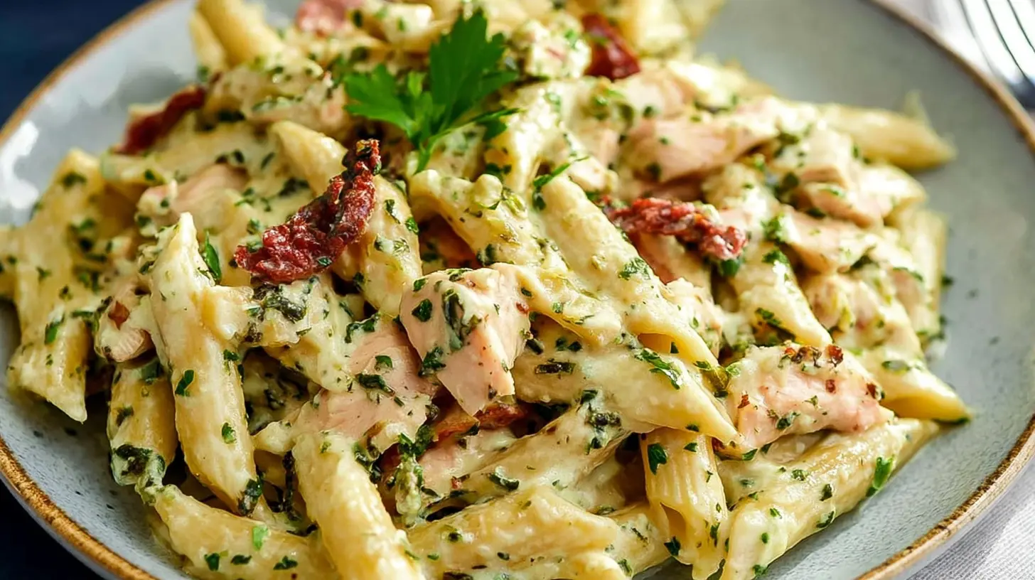 Creamy penne pasta with tender rotisserie chicken, sun-dried tomatoes, and fresh herbs, a delightful option for rotisserie chicken recipes pasta.