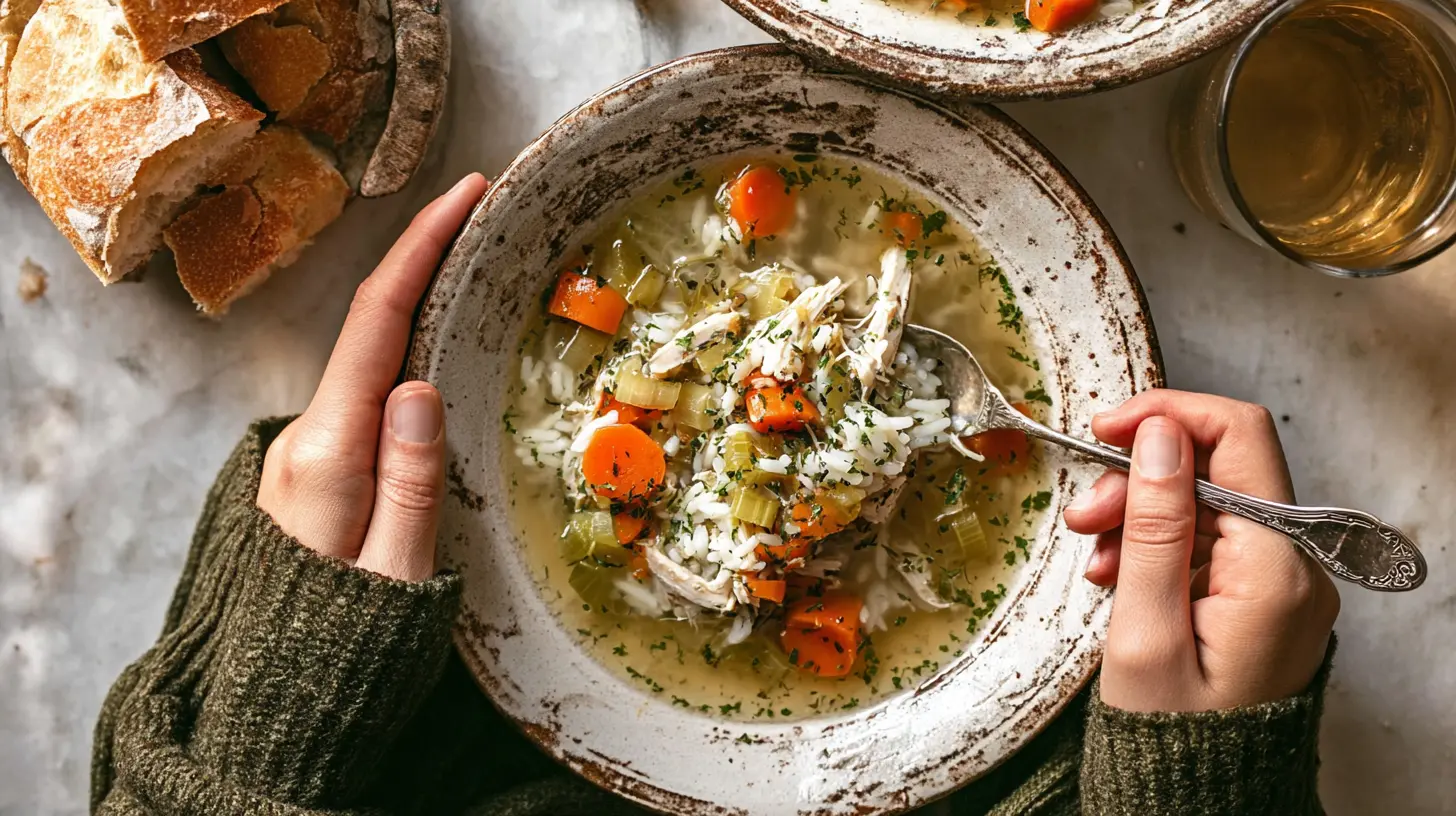 Overhead view of hands in a cozy sweater holding a rustic bowl of homemade shredded chicken soup with rice, carrots, celery, and fresh herbs.
