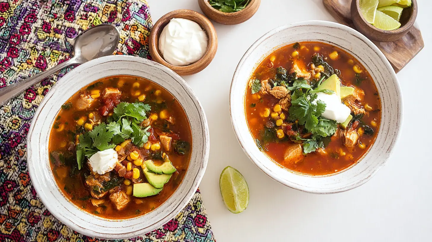 Overhead shot of two vibrant bowls of southwest chicken soup, garnished with avocado, cilantro, and sour cream, on a white surface with colorful textile accents.
