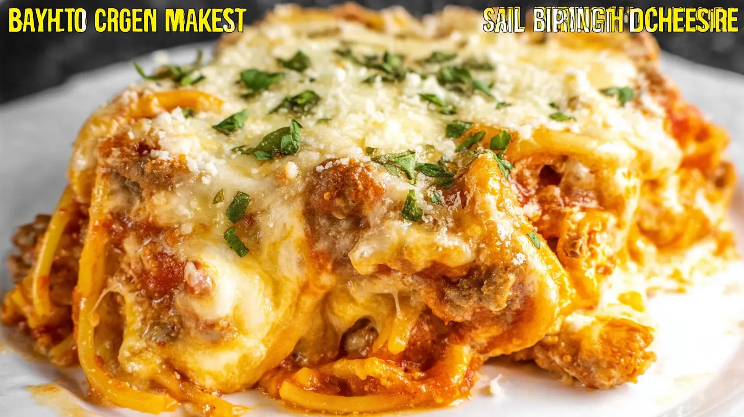 A close-up of a bubbling, golden-brown spaghetti bake with cream cheese, rich meat sauce, and fresh herbs, served on a white plate.