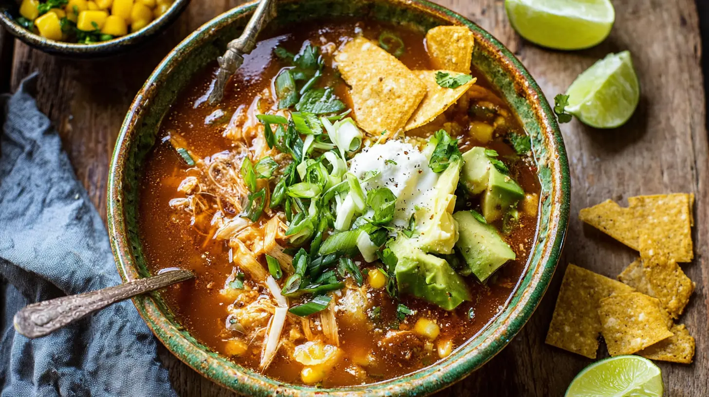 Overhead shot of a rustic bowl of spicy chicken tortilla soup, garnished with sour cream, avocado, scallions, and tortilla chips on a wooden background.