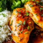 Close-up of delicious Sticky Honey Garlic Chicken served with fluffy rice and vibrant steamed broccoli on a white plate.