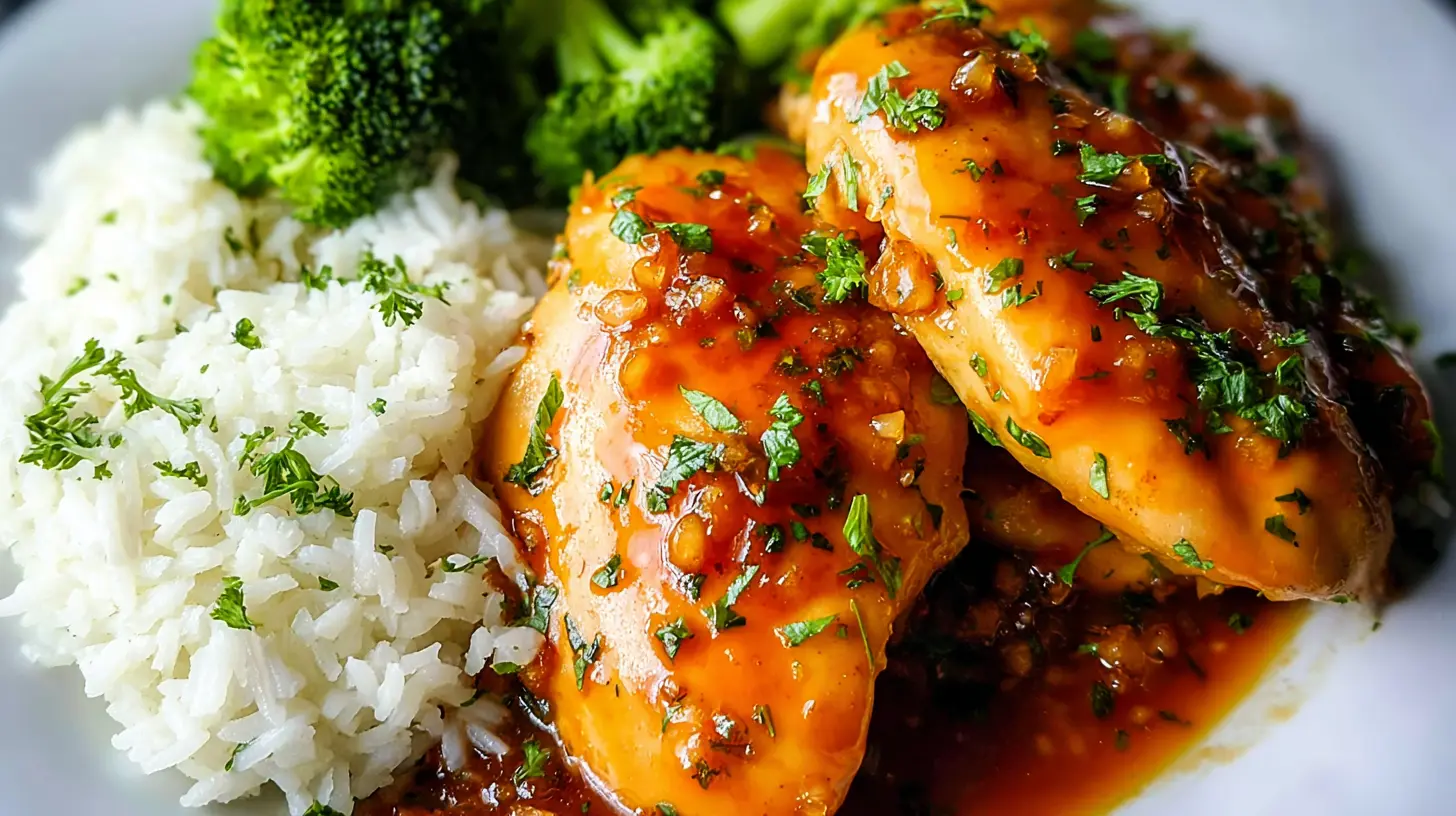 Close-up of delicious Sticky Honey Garlic Chicken served with fluffy rice and vibrant steamed broccoli on a white plate.