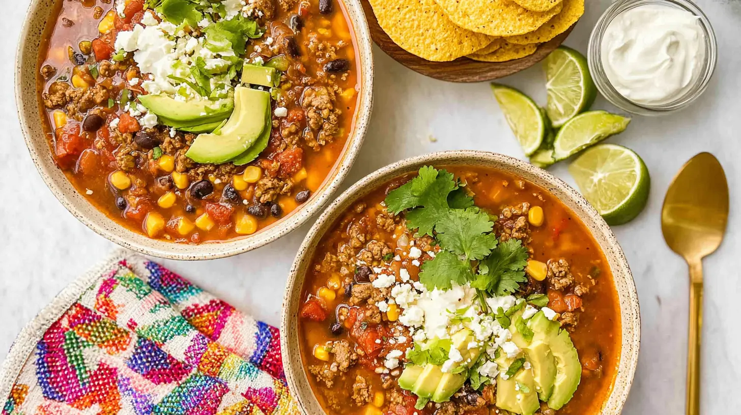 Overhead view of two rustic bowls of hearty stove top taco soup garnished with avocado, cheese, and cilantro, alongside tortilla chips and lime.