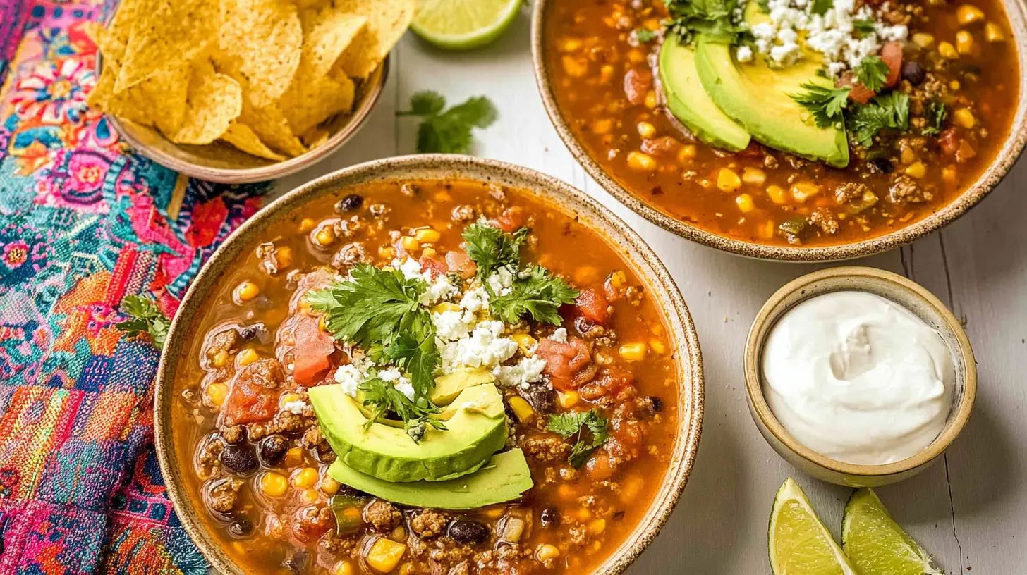 Two bowls of vibrant stove top taco soup with avocado, cheese, and cilantro, served with tortilla chips and lime on a wooden table.