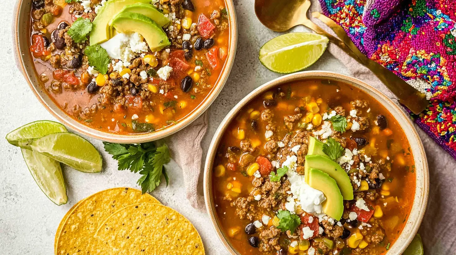 Overhead view of two vibrant bowls of stove top taco soup, garnished with avocado, cheese, and sour cream, served with lime wedges and and corn tortillas.