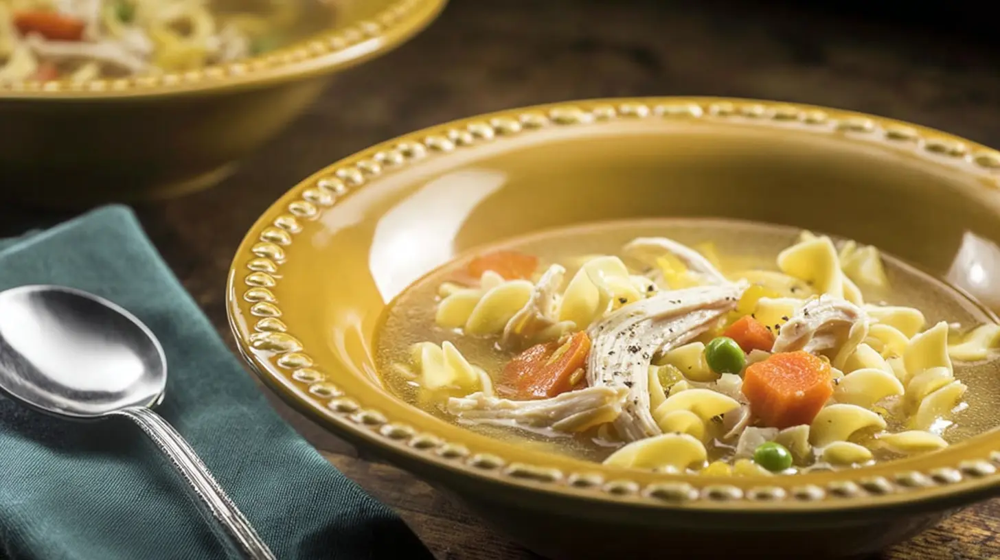 Warm and inviting bowl of turkey noodle soup with tender noodles, shredded turkey, and colorful vegetables on a rustic wooden table.