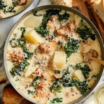 A vibrant overhead view of creamy zuppa toscana soup made in an Instant Pot, garnished with cheese and served with crusty bread.