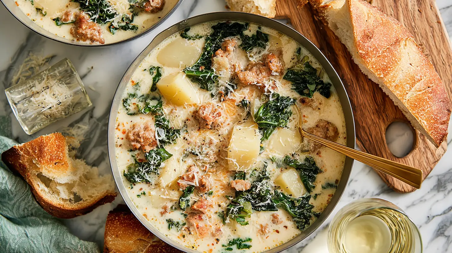A vibrant overhead view of creamy zuppa toscana soup made in an Instant Pot, garnished with cheese and served with crusty bread.