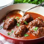 A close-up of a vibrant, hearty Classic Beef Braciole Italian Comfort Dish simmering in a cherry-red cast iron pot, garnished with fresh parsley.