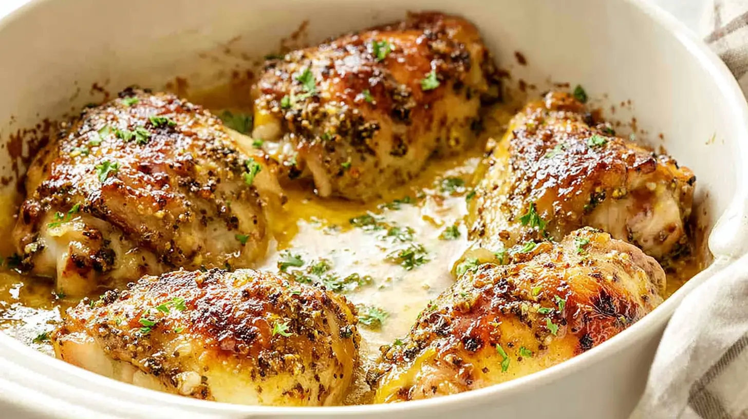 Close-up of golden-brown Classic Oven-Baked Chicken Thighs garnished with fresh herbs in a white ceramic dish with a rich golden sauce.