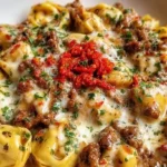 Close-up of creamy Cowboy Butter Garlic Chicken Tortellini with sun-dried tomatoes and fresh herbs in a white bowl.