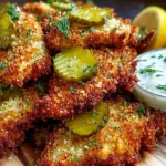 Close-up of golden-brown Crispy Dill Pickle Parmesan Chicken tenders garnished with dill pickles and fresh dill on a rustic wooden board.