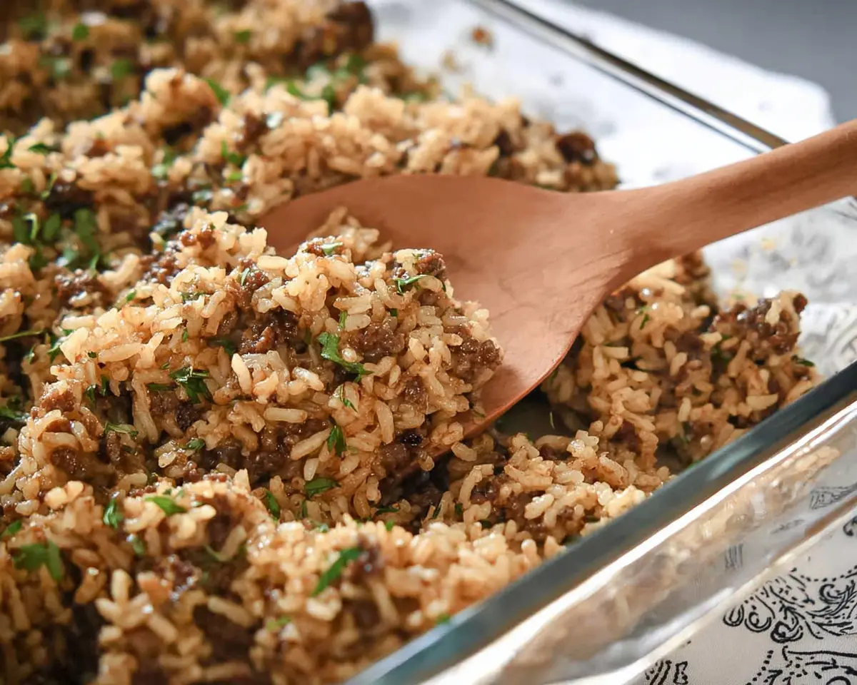 Close-up of a delicious French Onion Ground Beef and Rice Casserole being served from a glass dish with a wooden spoon, garnished with fresh herbs.