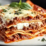 A single, mouth-watering slice of Heavenly Million Dollar Lasagna Recipe, showcasing its rich layers of bubbling cheese, hearty meat sauce, creamy ricotta, and fresh basil on a white plate.