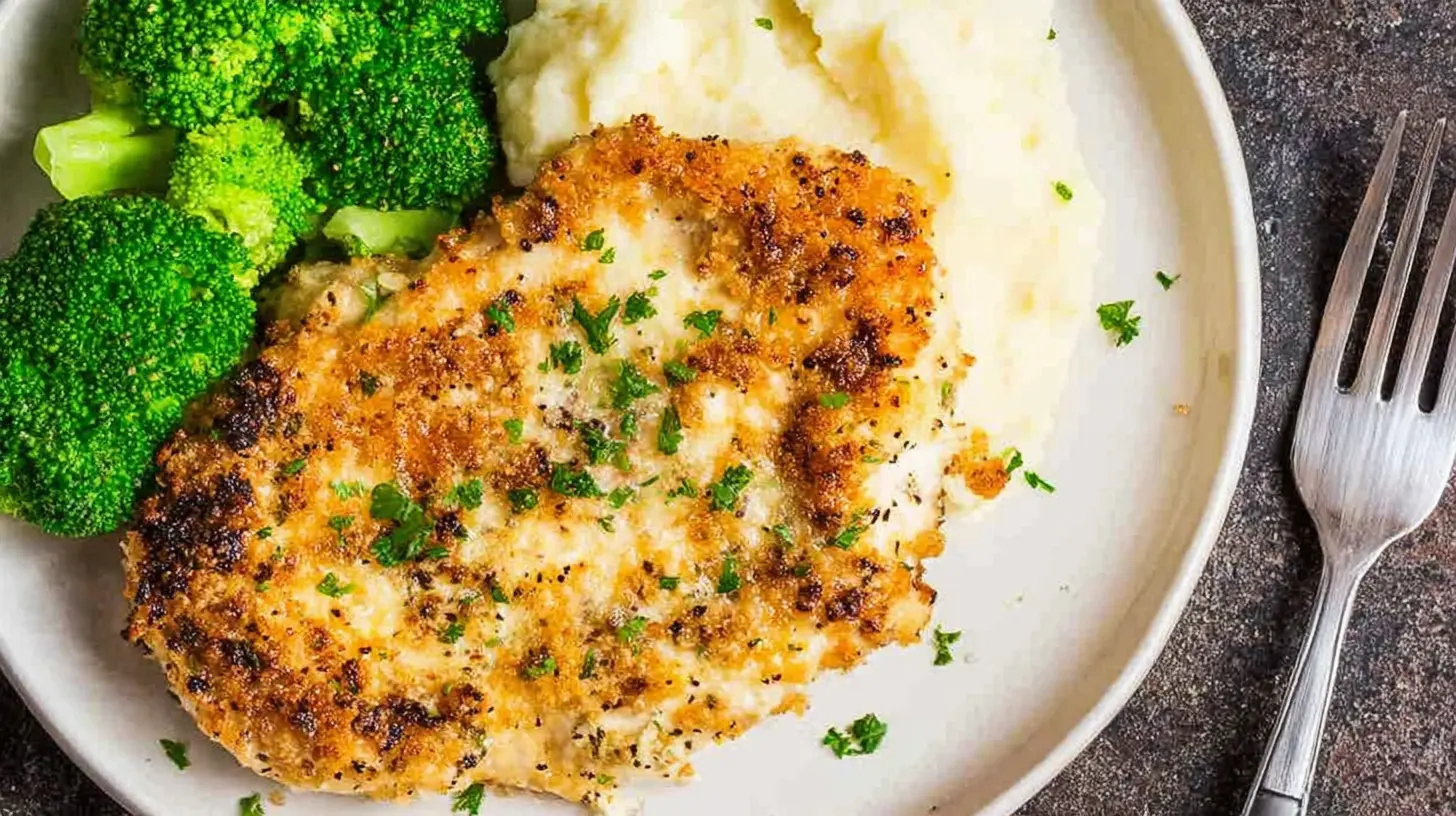 Overhead view of a perfectly cooked Longhorn Steakhouse Parmesan Chicken, golden-brown and herb-crusted, served with vibrant broccoli and creamy mashed potatoes on a light plate against a dark background.