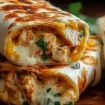 Close-up of golden-brown Ooey-Gooey Cheesy Garlic Chicken Wraps, one cut in half revealing melted cheese and chicken.