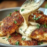 Close-up of golden-brown Parmesan Crusted Chicken generously covered with a rich Creamy Garlic Sauce, garnished with fresh herbs.