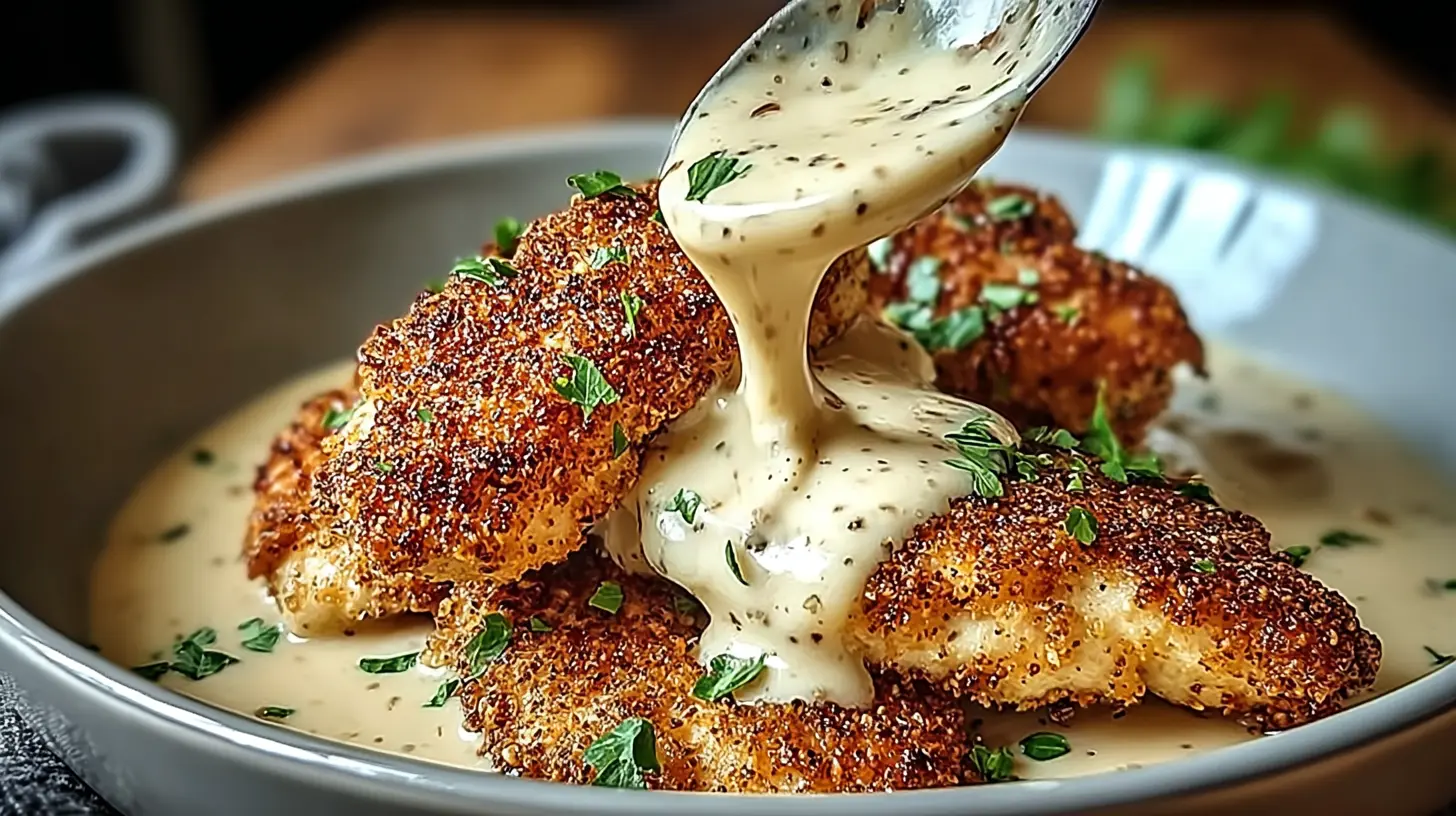 Close-up of golden-brown Parmesan Crusted Chicken generously covered with a rich Creamy Garlic Sauce, garnished with fresh herbs.
