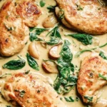 Savory Garlic Chicken in a Creamy Sauce with spinach and caramelized garlic cloves served in a rustic metal pan.