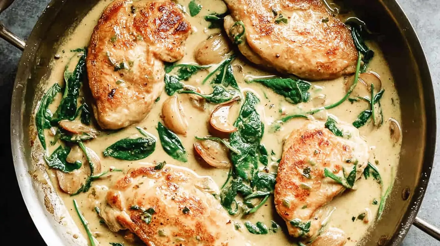 Savory Garlic Chicken in a Creamy Sauce with spinach and caramelized garlic cloves served in a rustic metal pan.