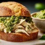Close-up of a gourmet Savory Pesto Chicken Delight Sandwich with shredded chicken and vibrant pesto on rustic artisan bread, ready to enjoy.