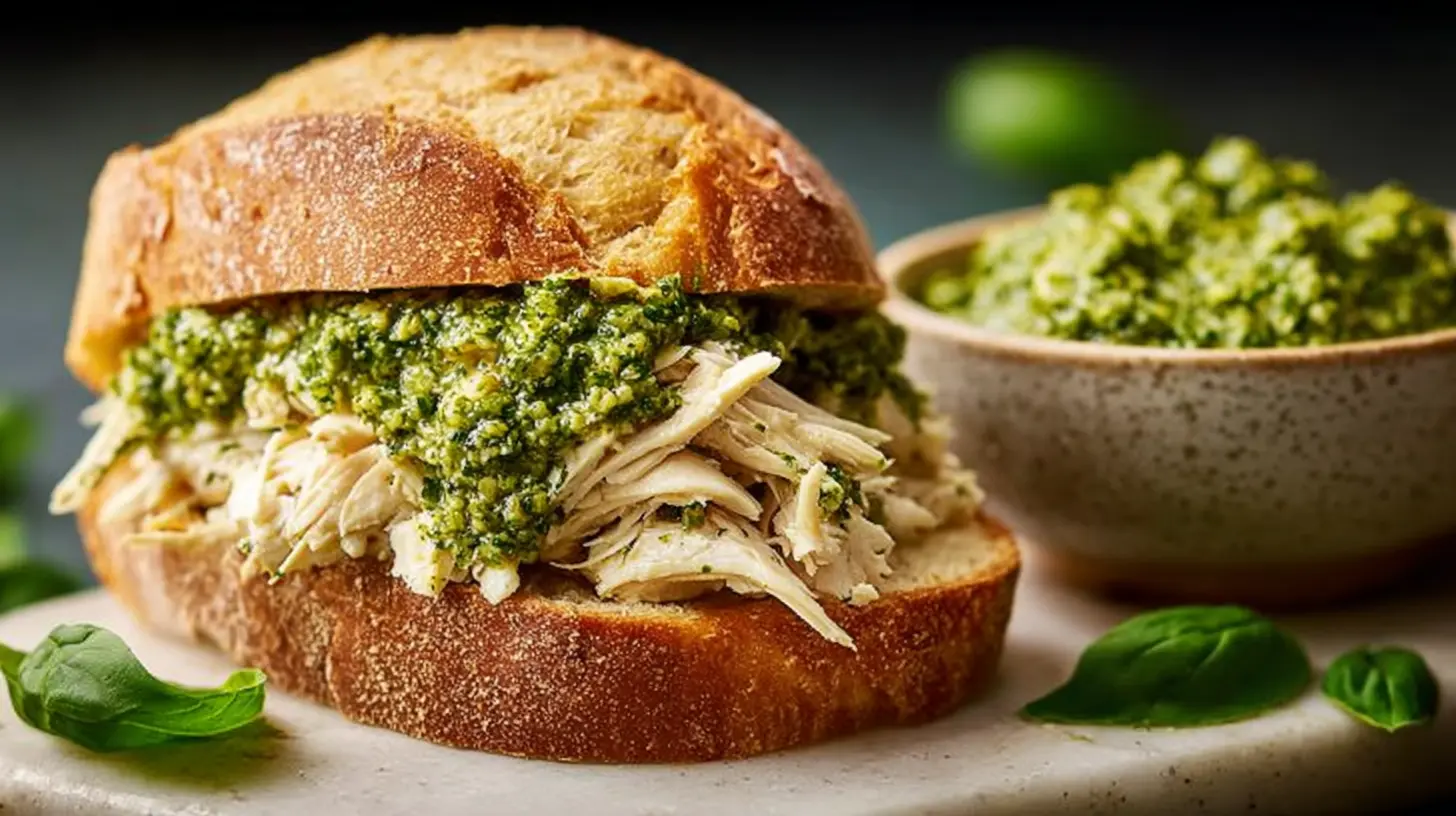 Close-up of a gourmet Savory Pesto Chicken Delight Sandwich with shredded chicken and vibrant pesto on rustic artisan bread, ready to enjoy.