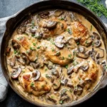 Rustic Skillet Chicken and Mushroom Wine Sauce with golden chicken and fresh herbs in a cast iron pan.