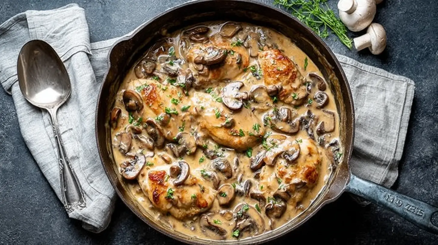 Rustic Skillet Chicken and Mushroom Wine Sauce with golden chicken and fresh herbs in a cast iron pan.