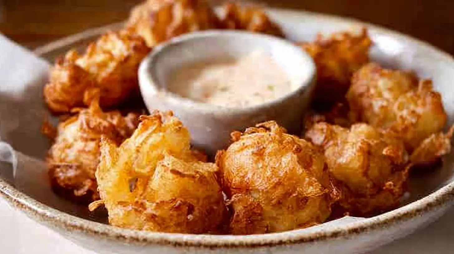 A close-up of golden-brown Bite-Sized Blooming Onions piled on a rustic plate with a creamy dipping sauce.